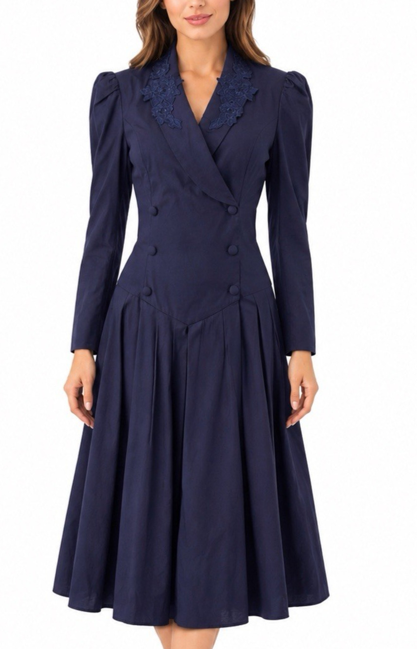 NWT Jessica McClintock Gunne Sax Dress Midi Navy Blue Prairie Double Breasted 13